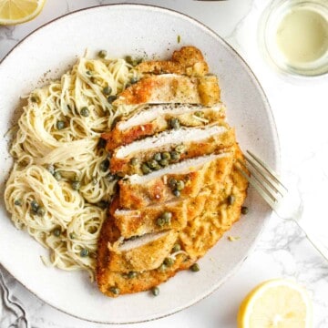 Piccata milanese with pasta.