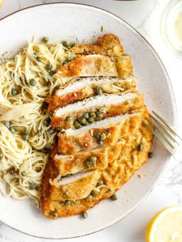 Piccata milanese with pasta.