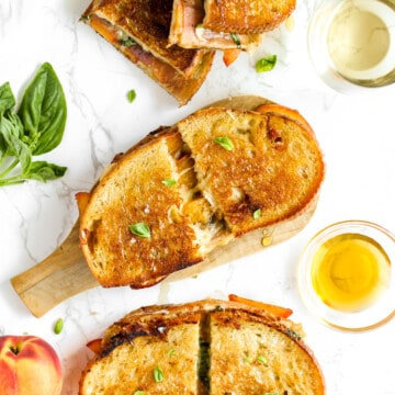 Havarti grilled cheese with balsamic peaches and prosciutto.