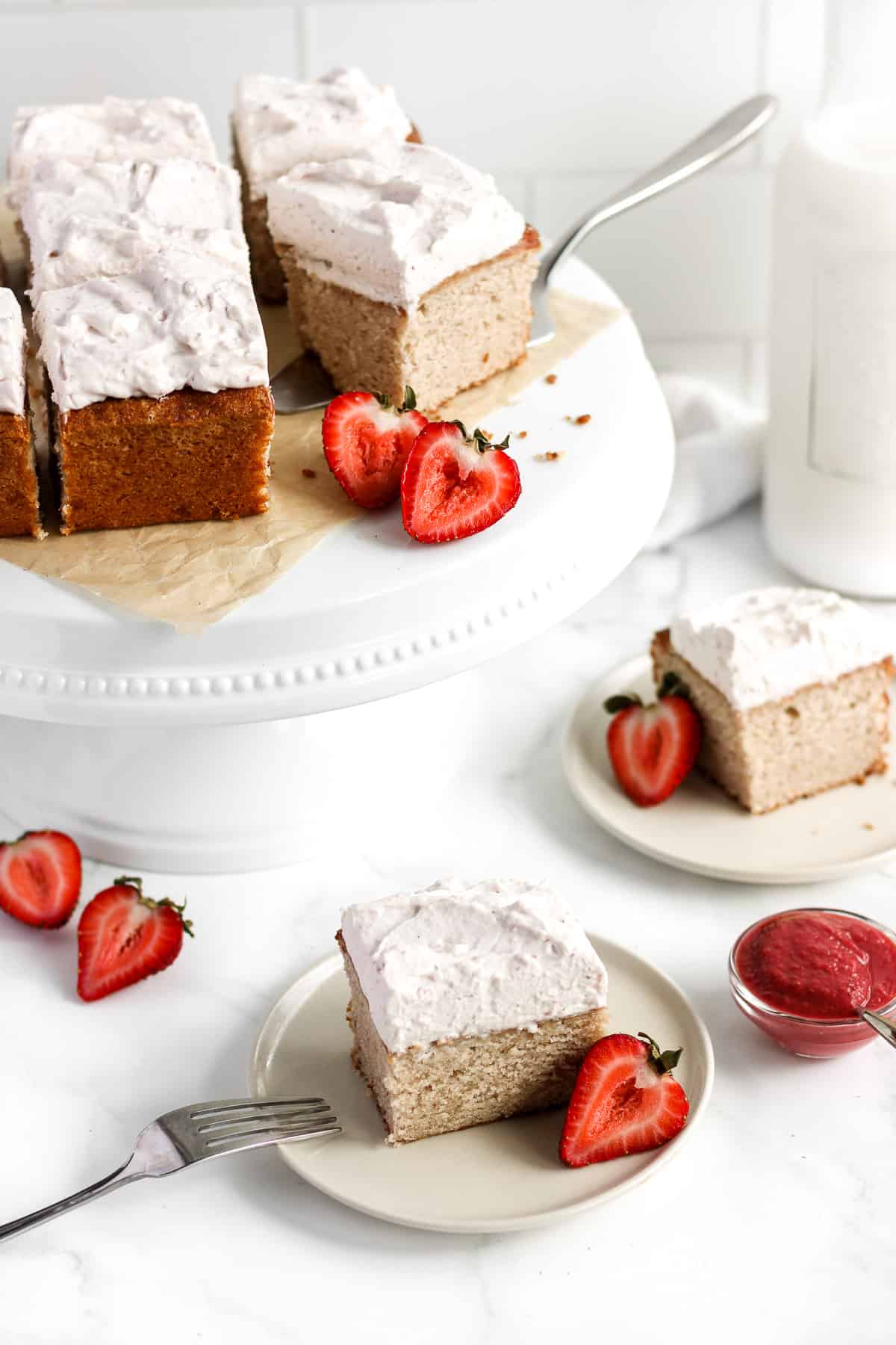 Slices of strawberry snacking cake.