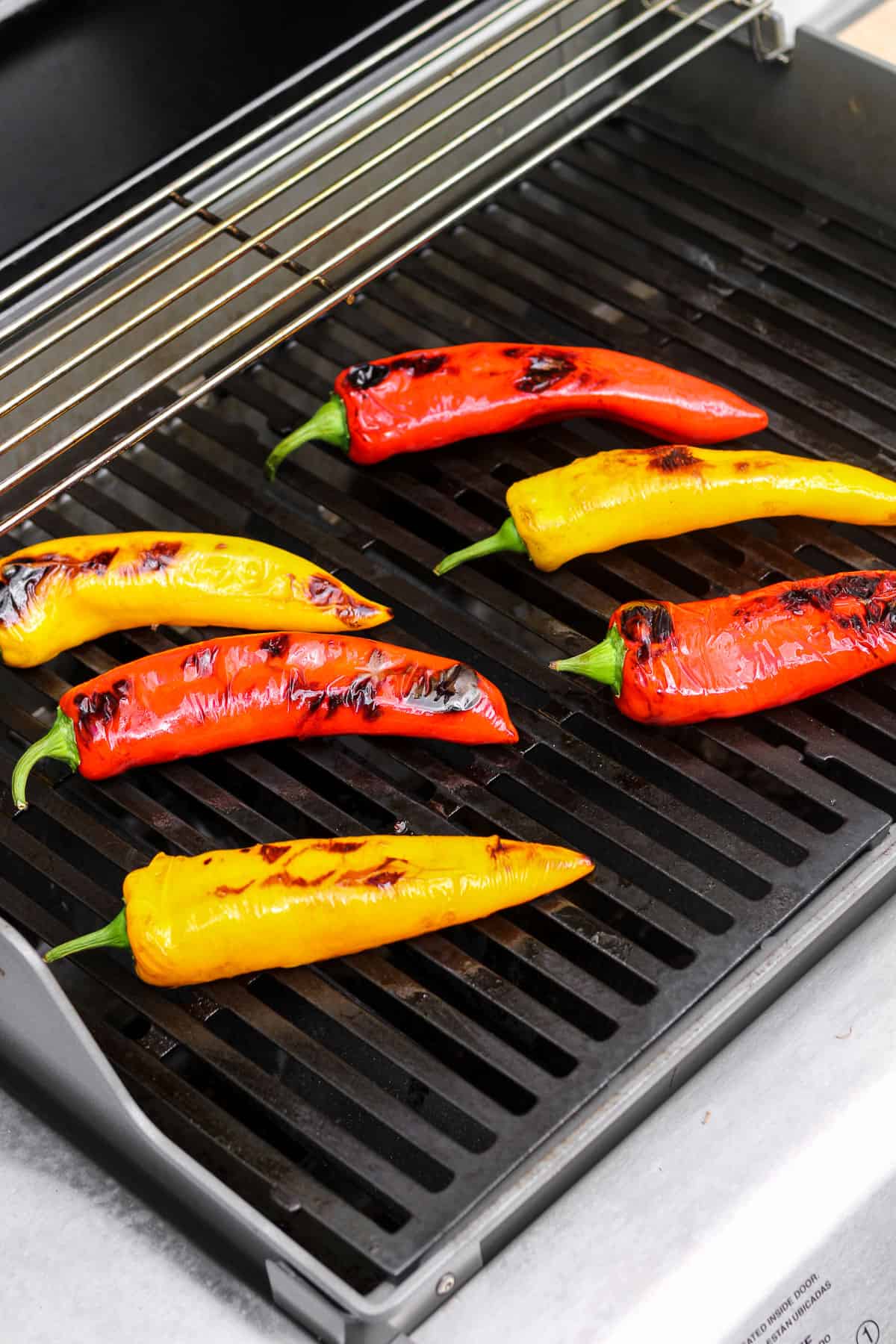 Long peppers on grill.